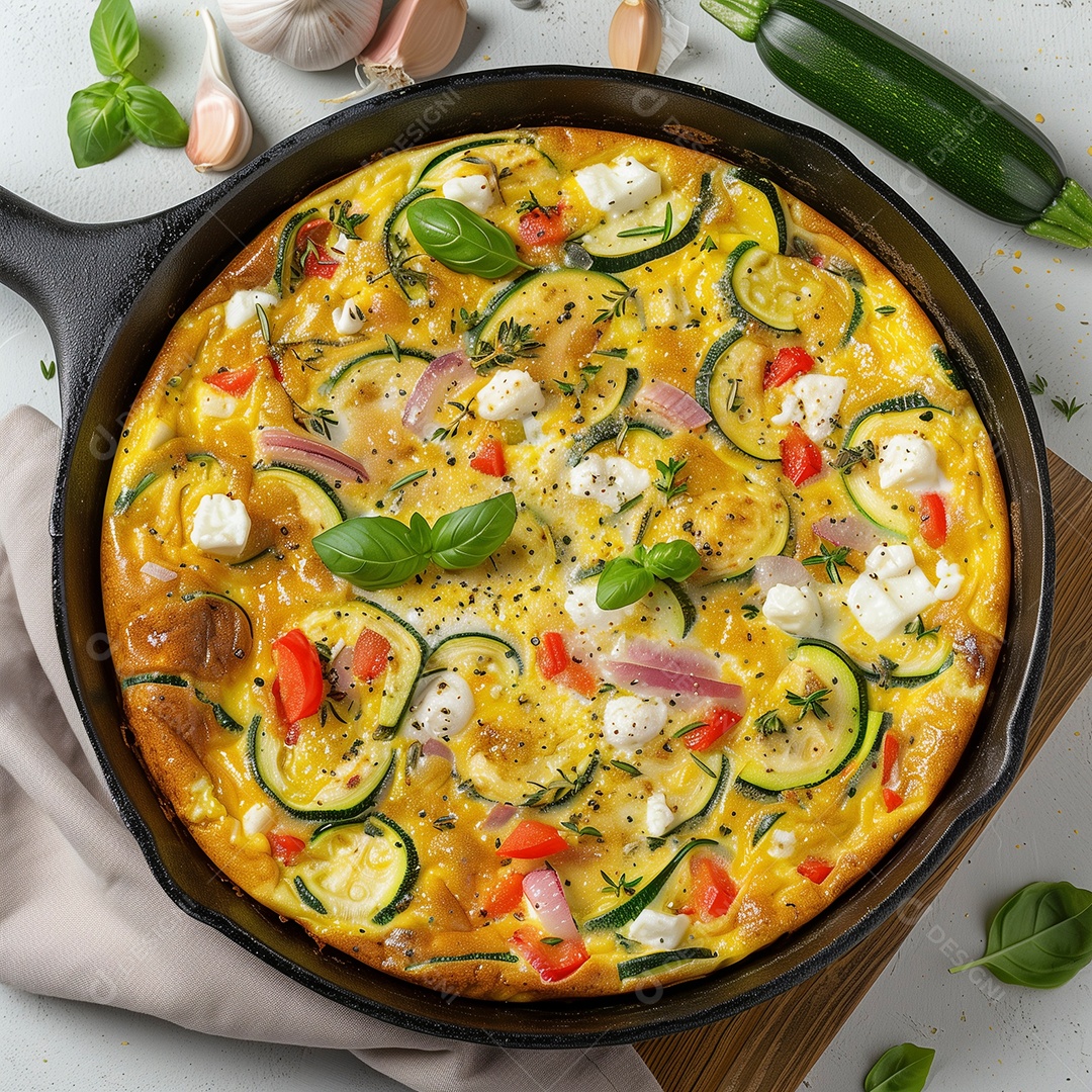 Delícioso omelete com pimentão pepino tomate sobre visão ampla