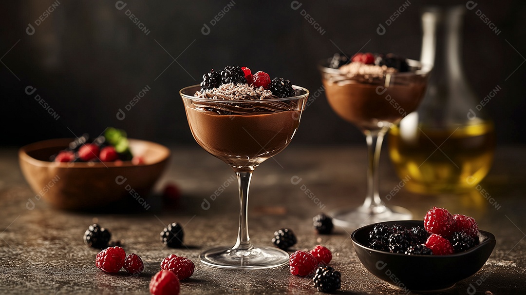 Mousse de chocolate com framboesa por cima sobre fundo desfocado