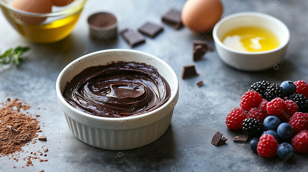 Delíciosa ganache de chocolate ao lado de franboesa ovos e chocolates em barras sobre fundo desfocado
