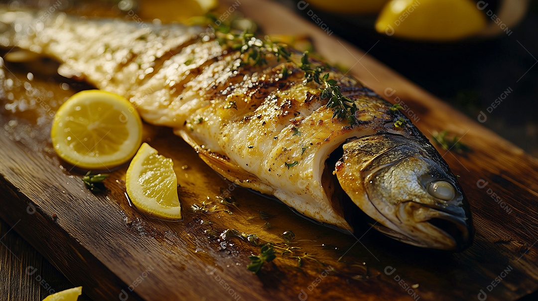 Saboroso peixe assado temperado com salsa e limão sobre tábua de madeira