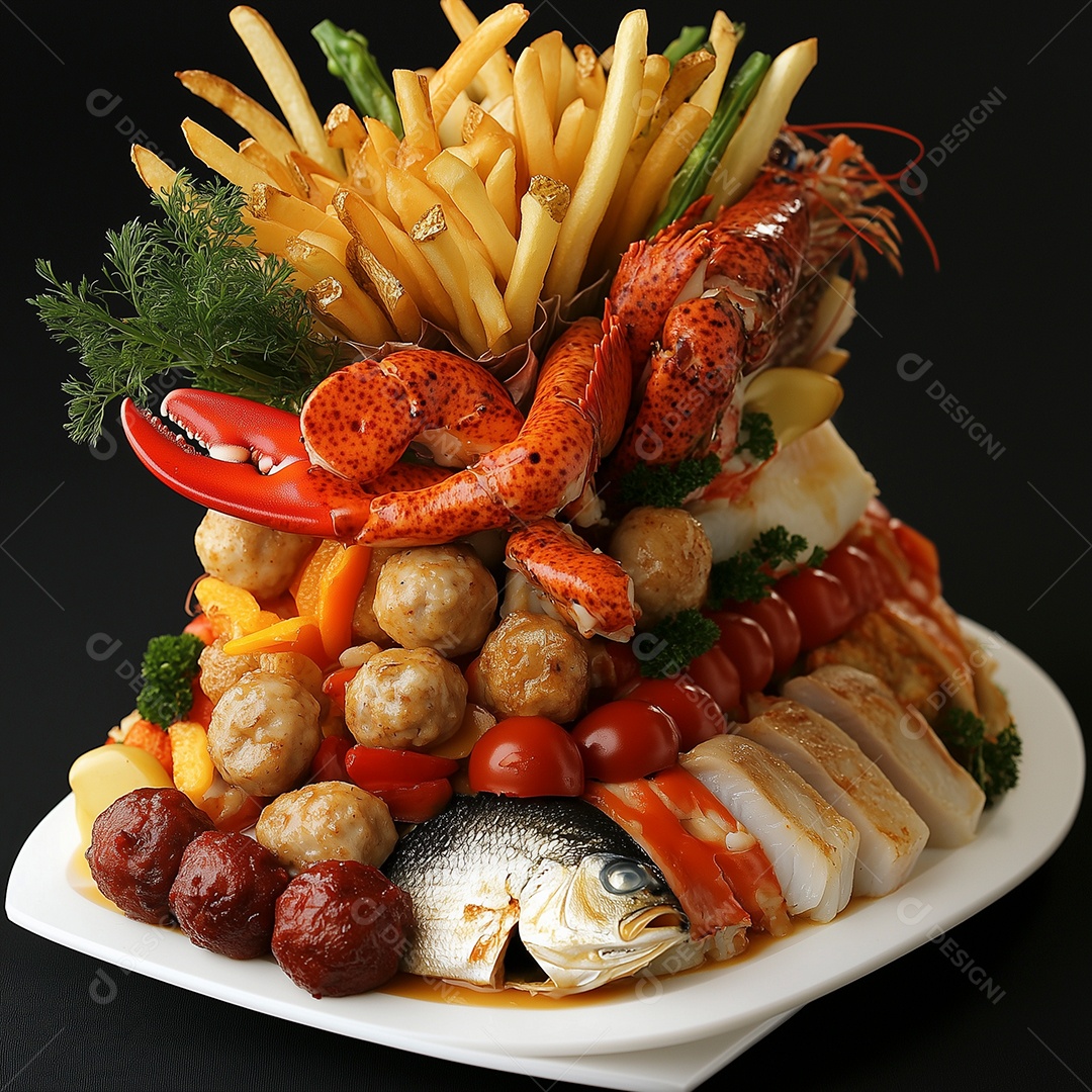 Linda torre de frutos e peixes do mar com acompanhamento de batata frita sobre fundo isolado