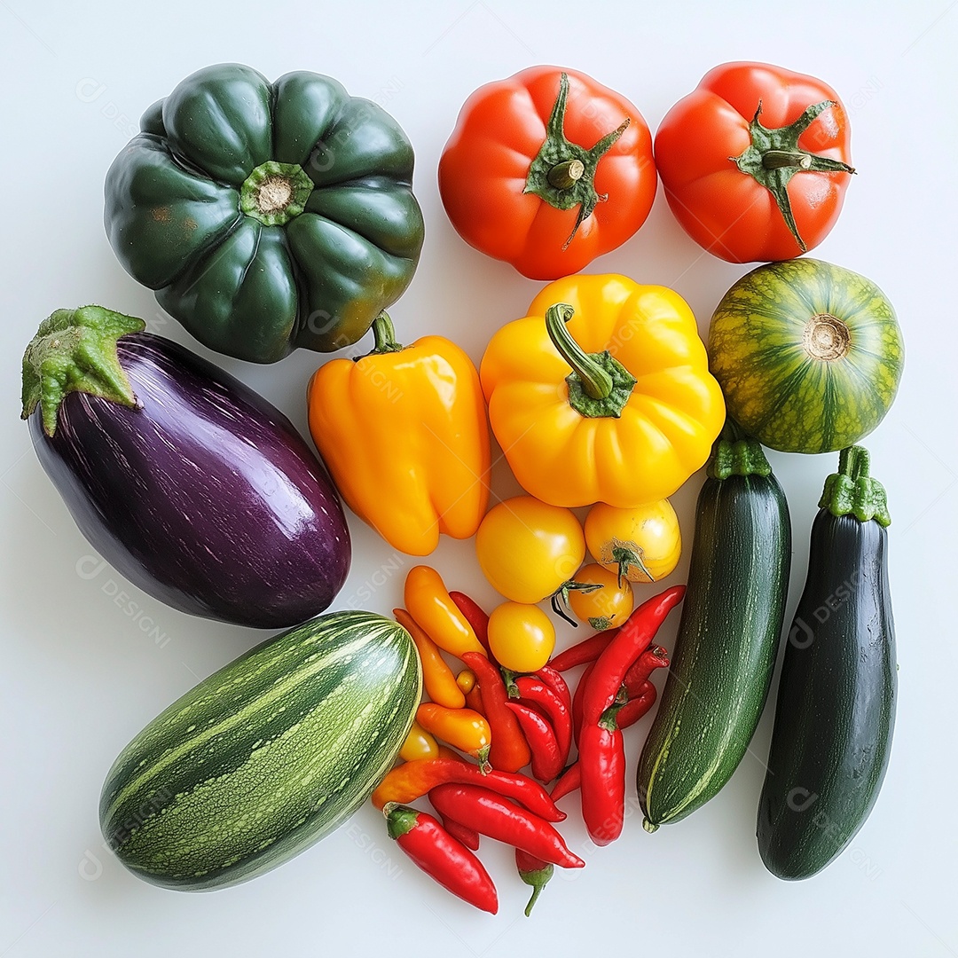 Linda variedade de legumes frescos sobre piso branco isolado