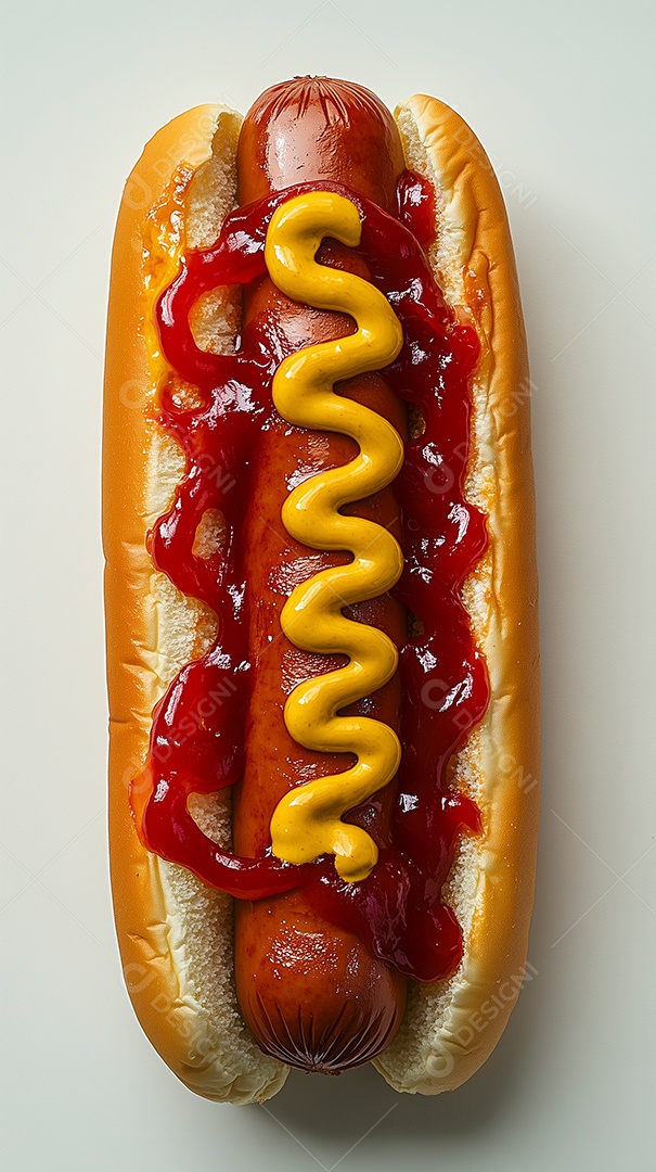 Rot dog saboroso com bsastante ketchup e mostarda sobre fundo branco isolado