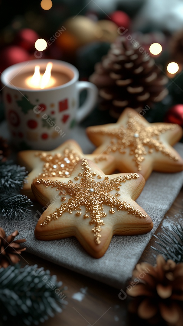 Biscoitos de gengibre em forma de estrela de natal com anis de canela e nozes