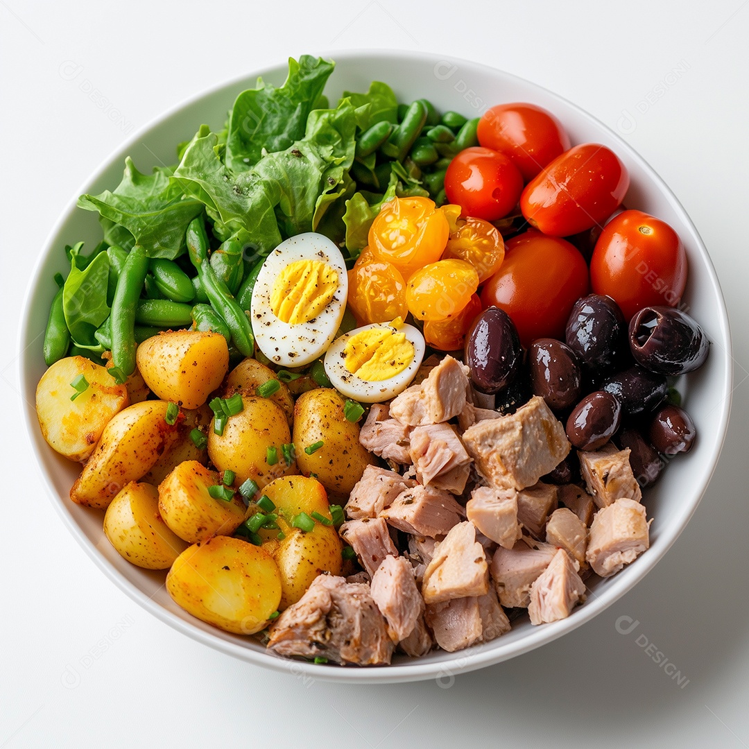 Salada Nicoise com atum tomate azeitonas vagem pepino ovos cozidos e batata numa tigela sobre fundo branco isolado