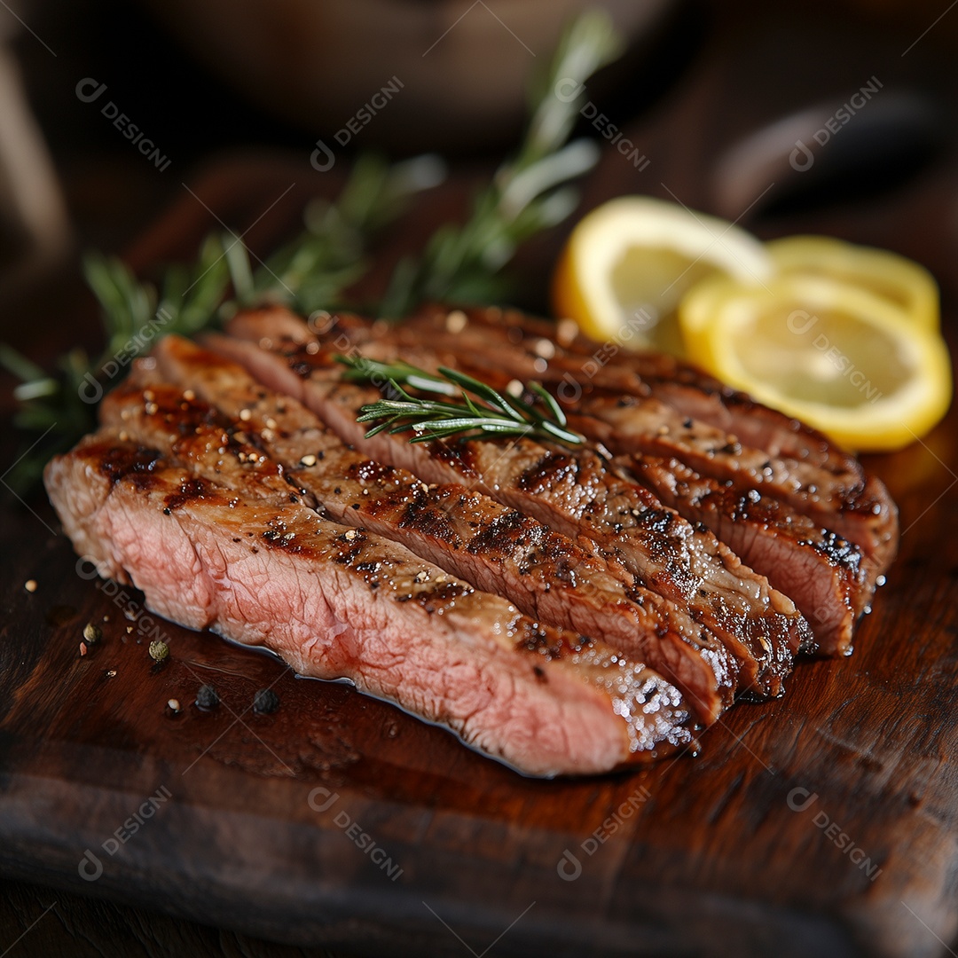 Carne suculenta assada temperada com sal e salsa sobre tábua de madeira