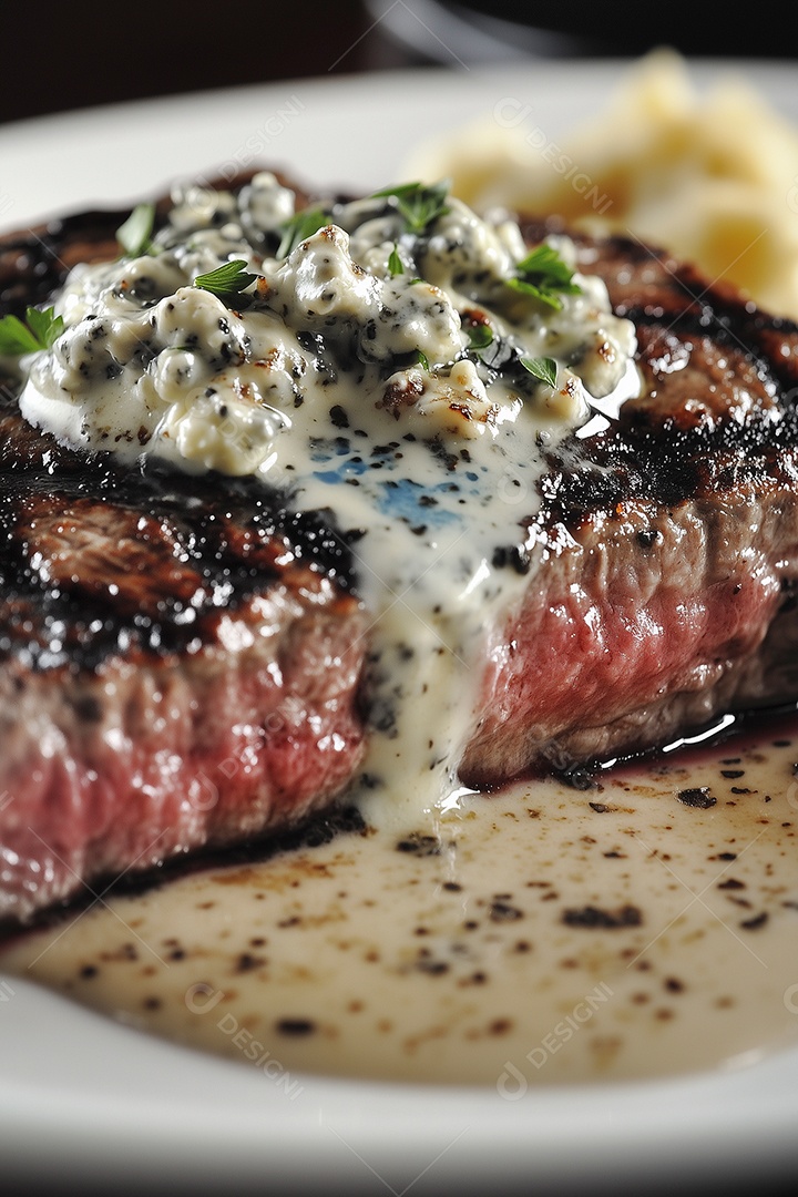 Bife com molho de queijo coalho servido sobre prato branco
