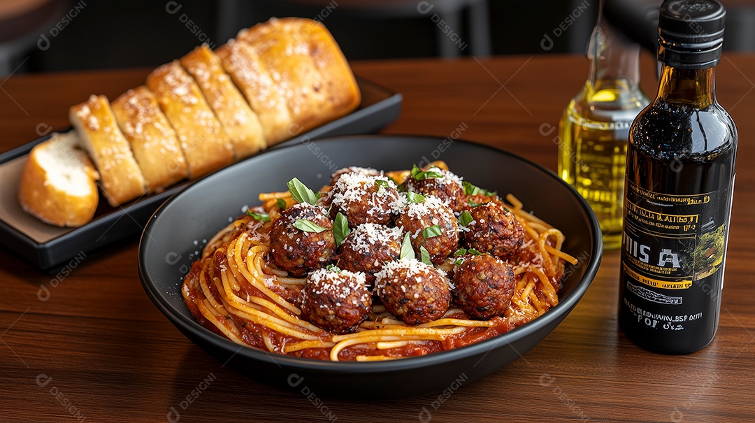Espaguete macarrão italiano com molho de tomate torradas e almôndegas sobre mesa de madeira