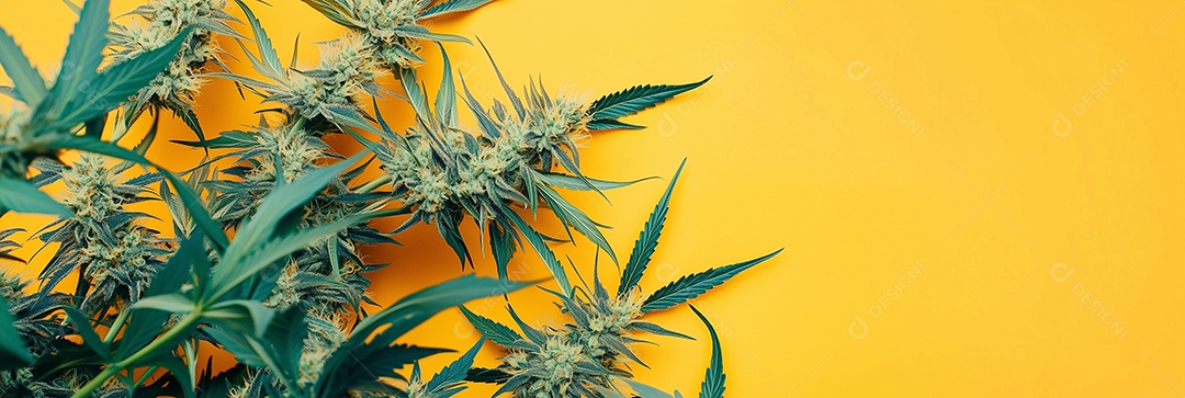 Lindas folhas de cannabis sobre fundo amarelo isolado