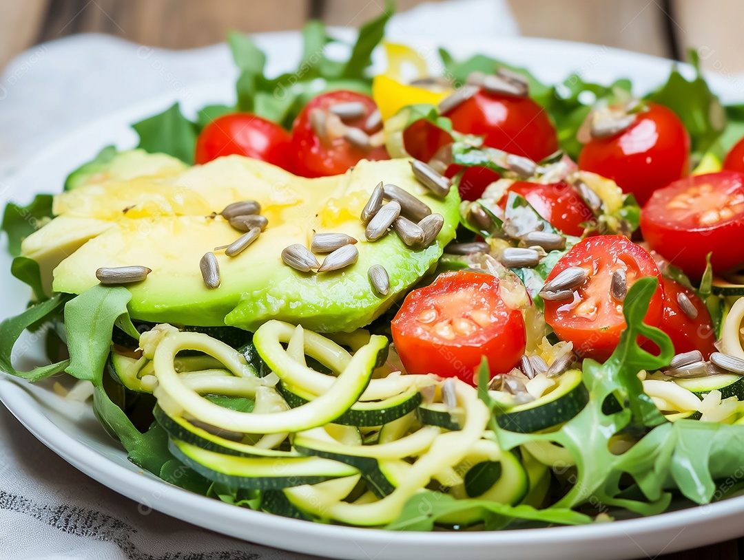 Salada de courgette espiralada cetogênica vegana com sementes de abóbora com limão tomate e abacate