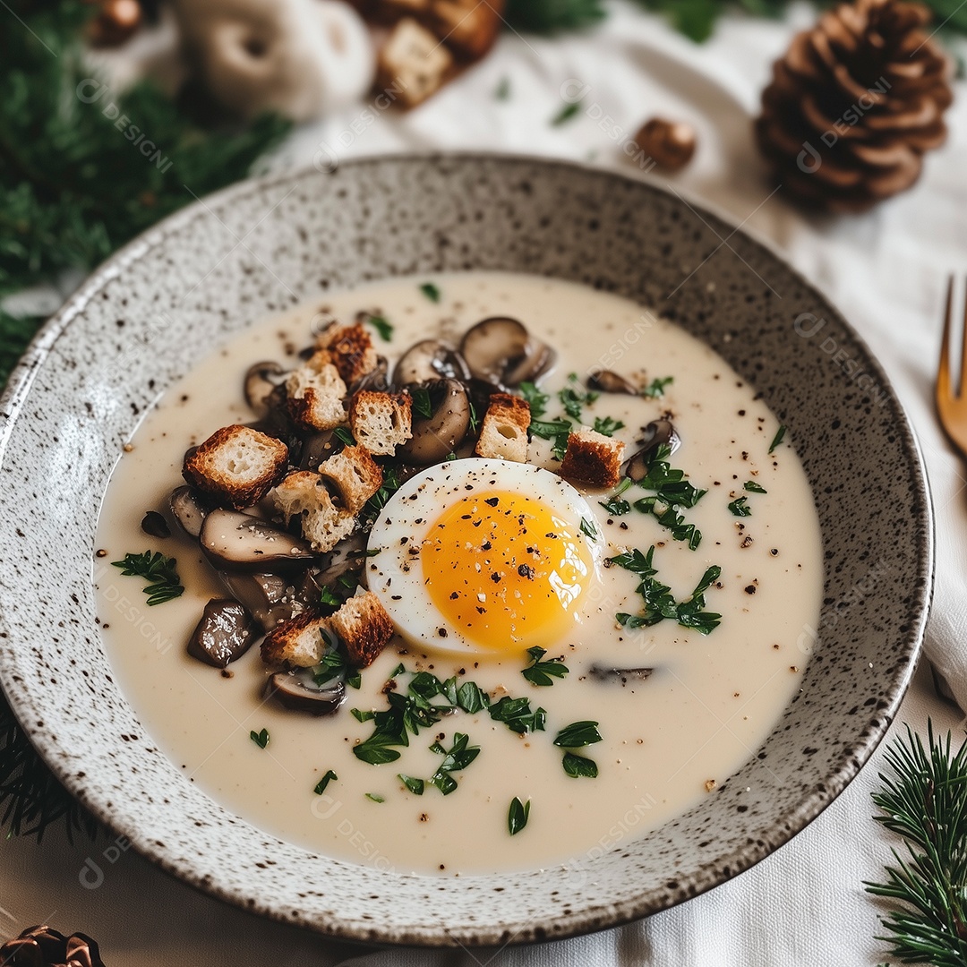 Ovo cozido com creme de batata e cogumelos sobre fundo desfocado