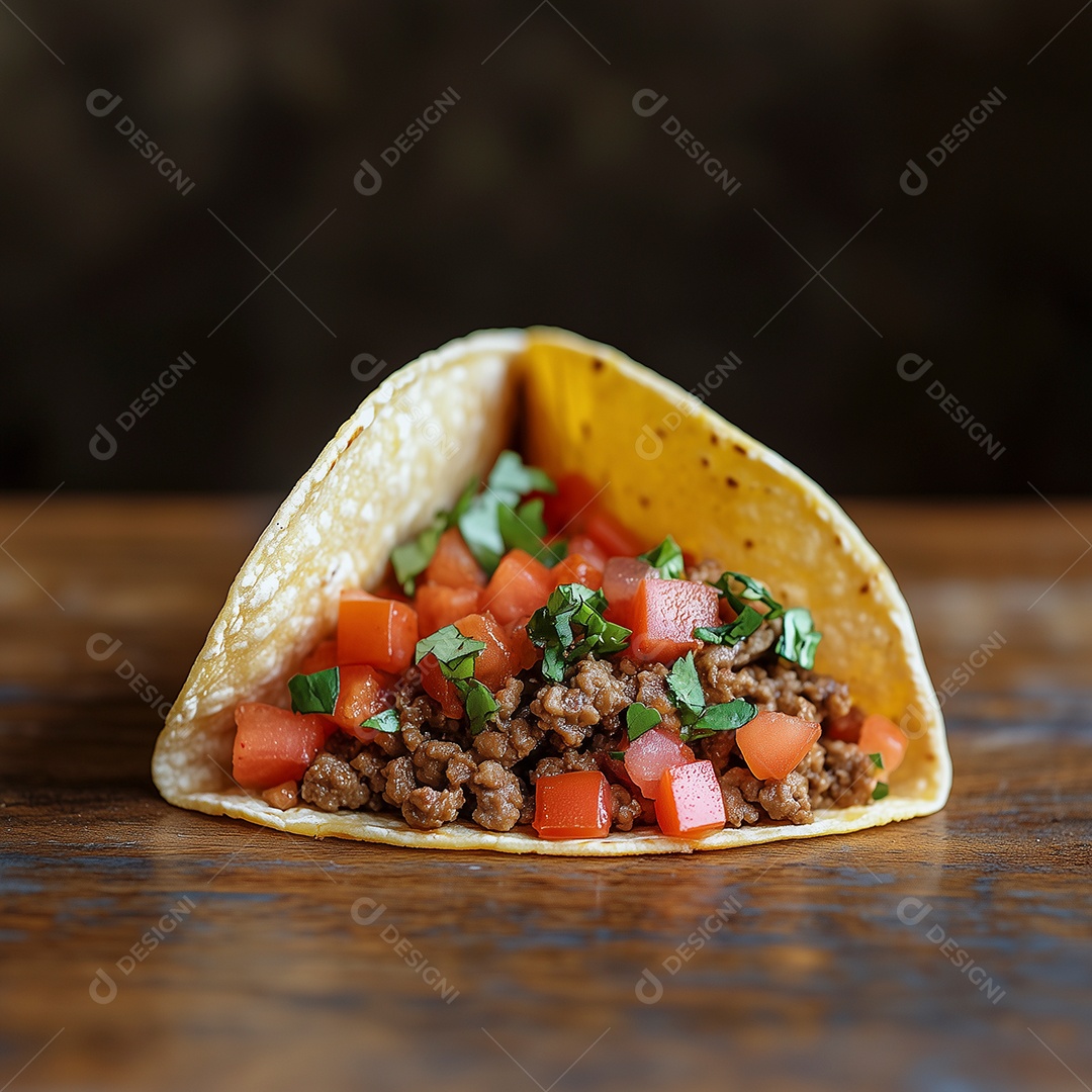 Delícioso taco com carne e vinagrete sobre mesa fundo isolado