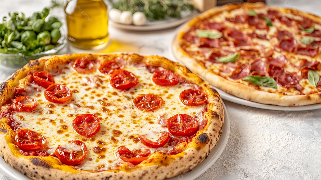 Lindas pizzas quatro queijo sobre mesa de pedra natural