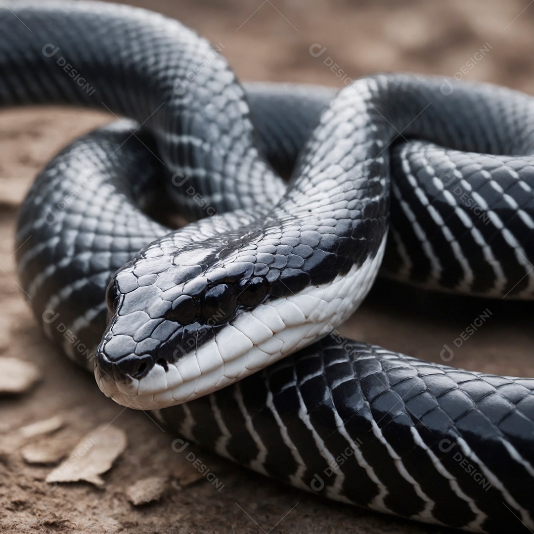 Linda cobra com coloração perfeita branca e preta sobre fundo desfocado