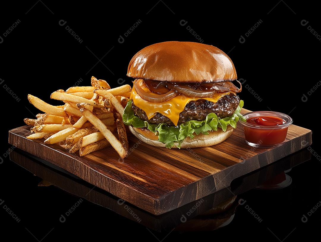 Delícioso hamburguer com batata frita de acompanhamento sobre tábua de madeira