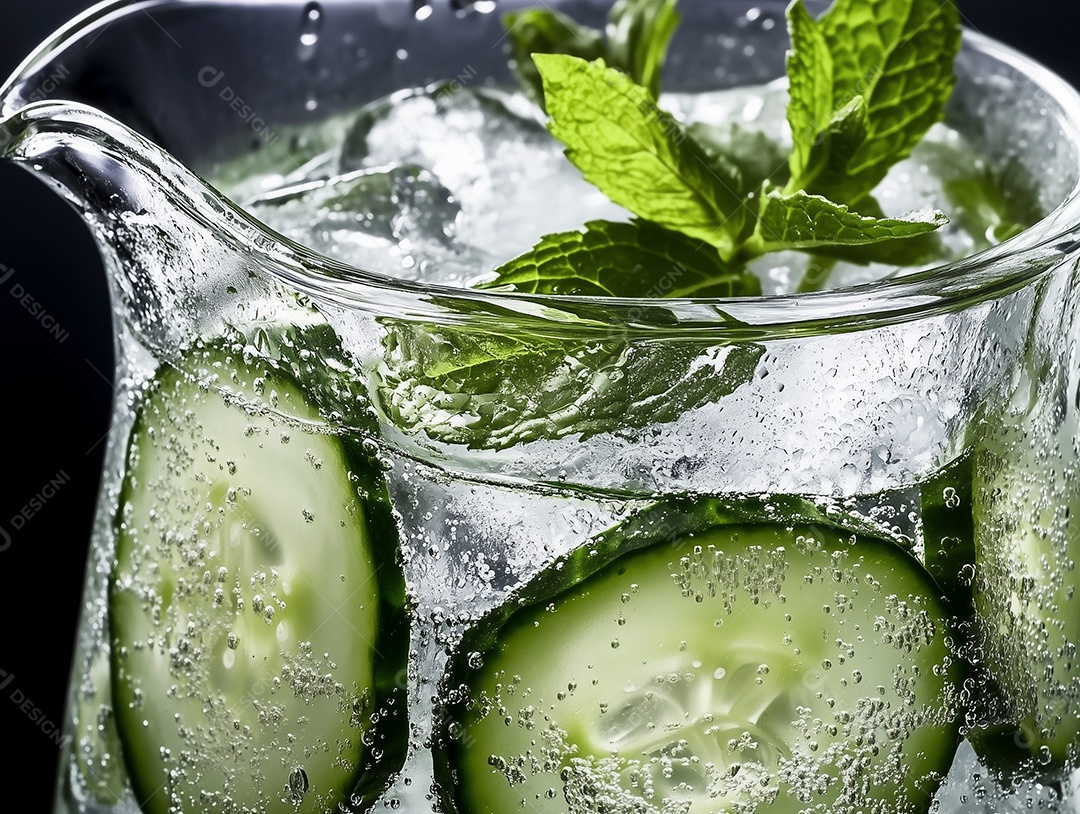 Bebida gelada com rodelas de pepino com folhas de mentas sobre fundo isolado