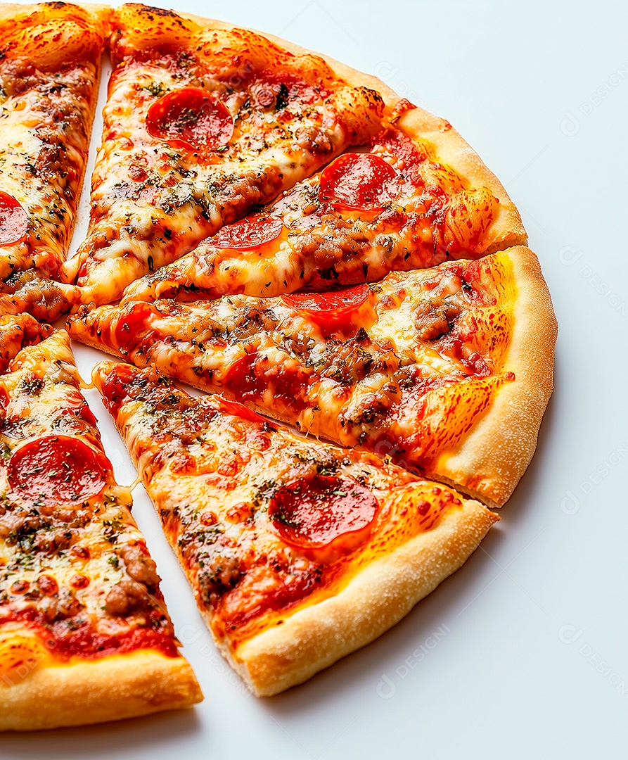 Linda pizza calabresa em fatias sobre fundo branco isolado