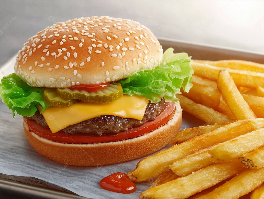 Delícioso hamburguer com batata frita de acompanhamento sobre tábua de madeira