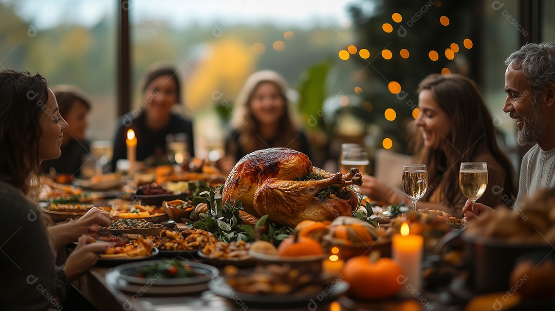A família celebra o dia de ação de graças juntos as pessoas estão sentadas à mesa e comendo peru assado no jantar festivo