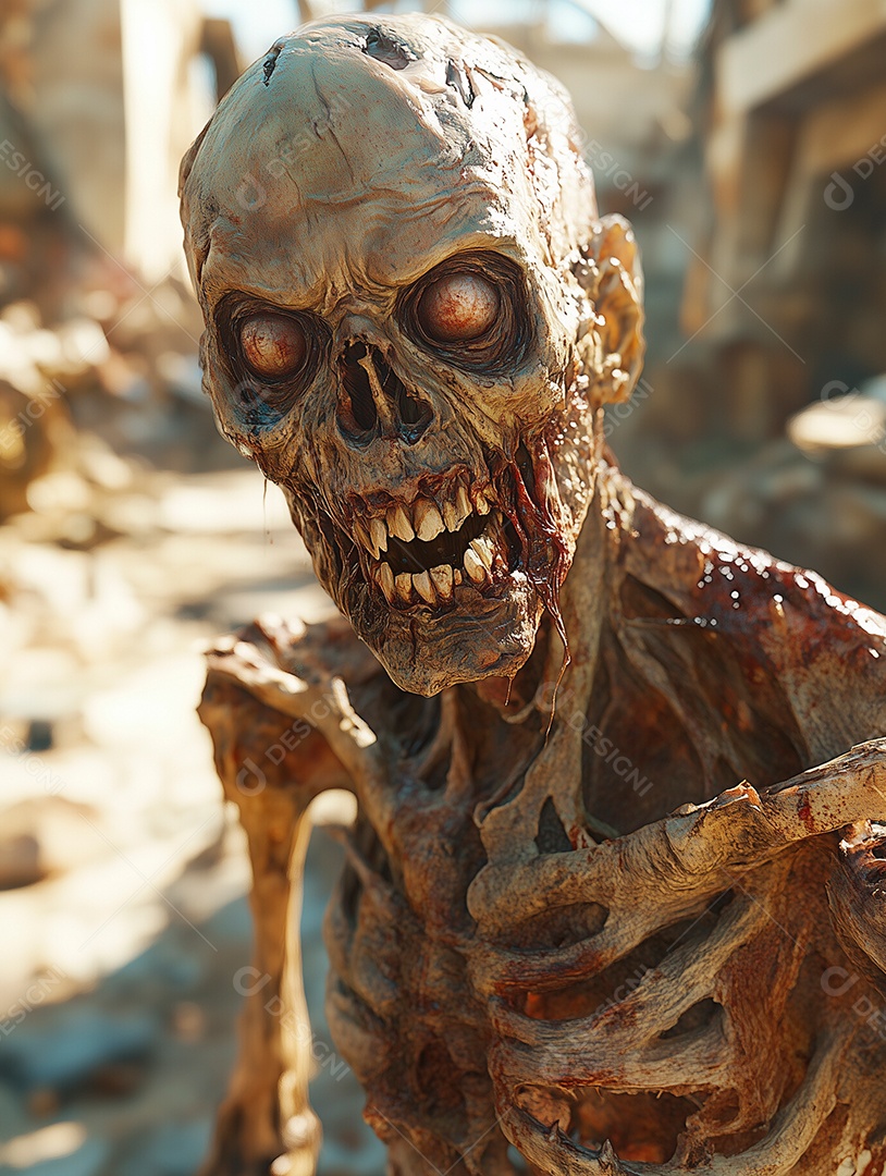 Um zumbi com o rosto respingado de sangue e fundo desfocado