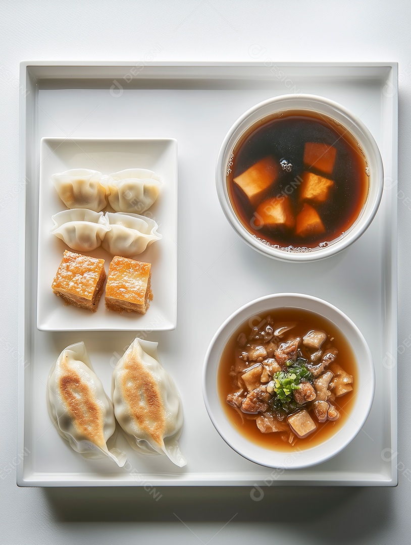 Linda bandeija branca com comidas tipicas chinesas