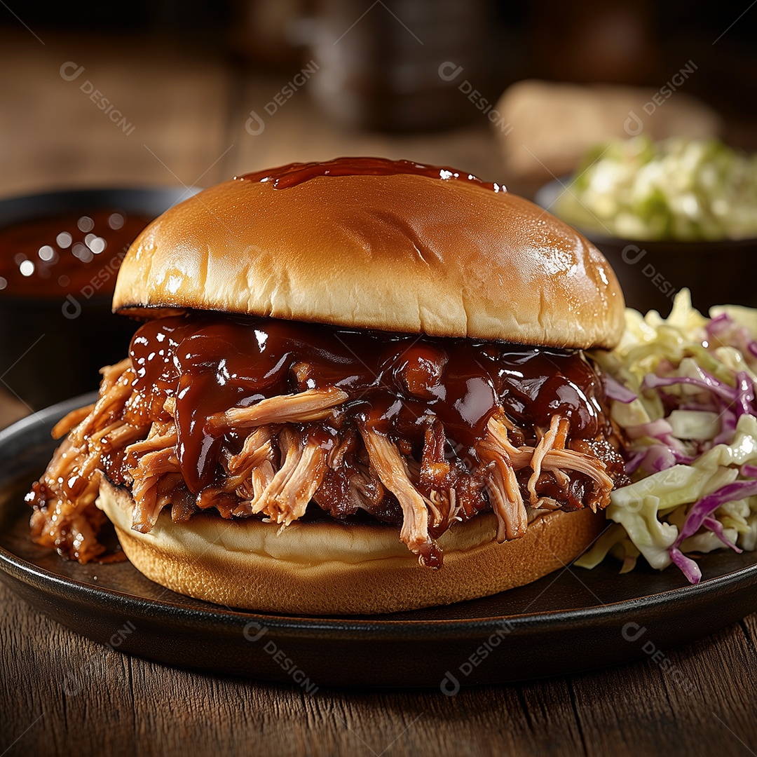 Delícioso hamburguer de carne desfiada com molho sobre disco preto fundo desfocado