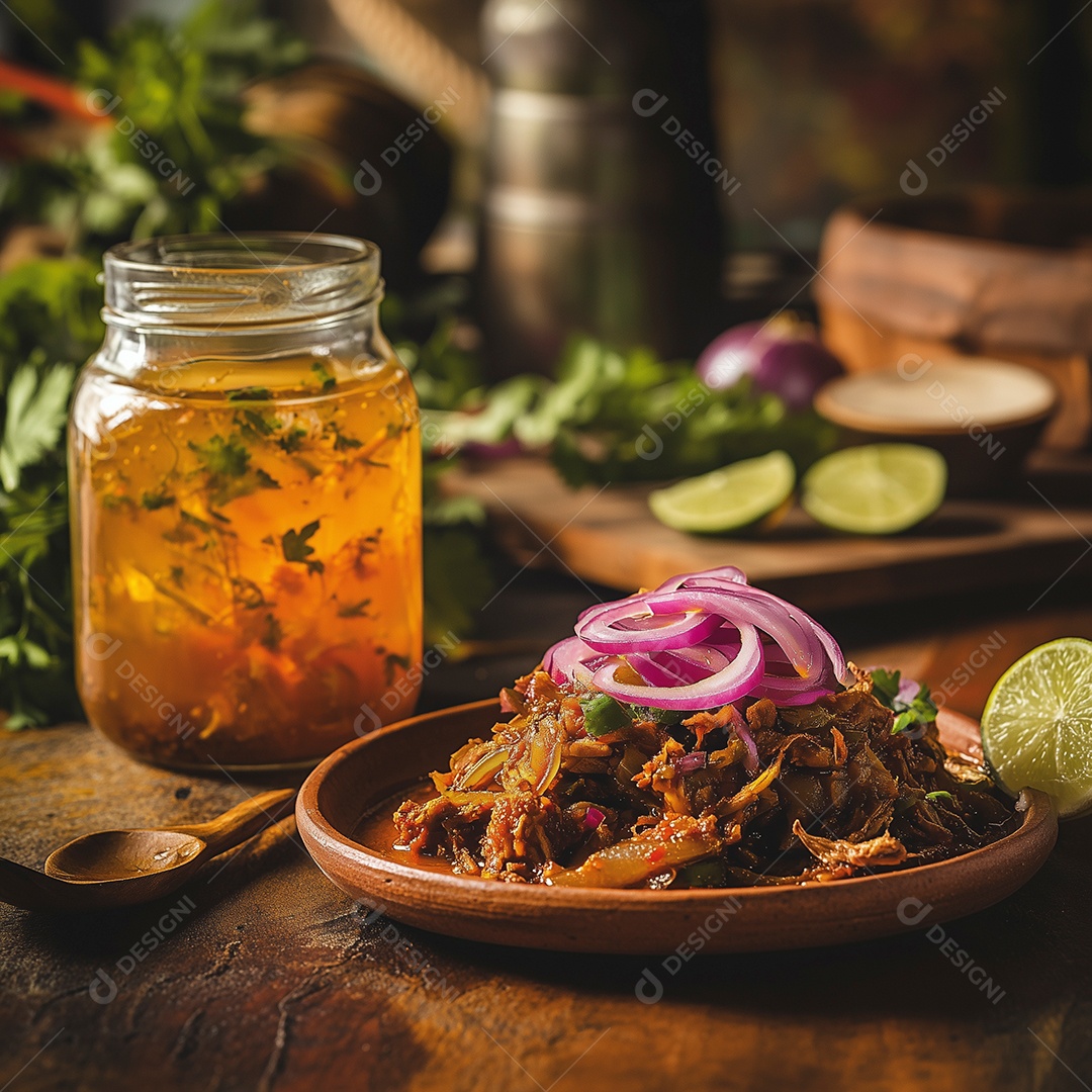 Delíciosa carne desfiada com cebola roxa e rodelas de limão sobre mesa de madeira