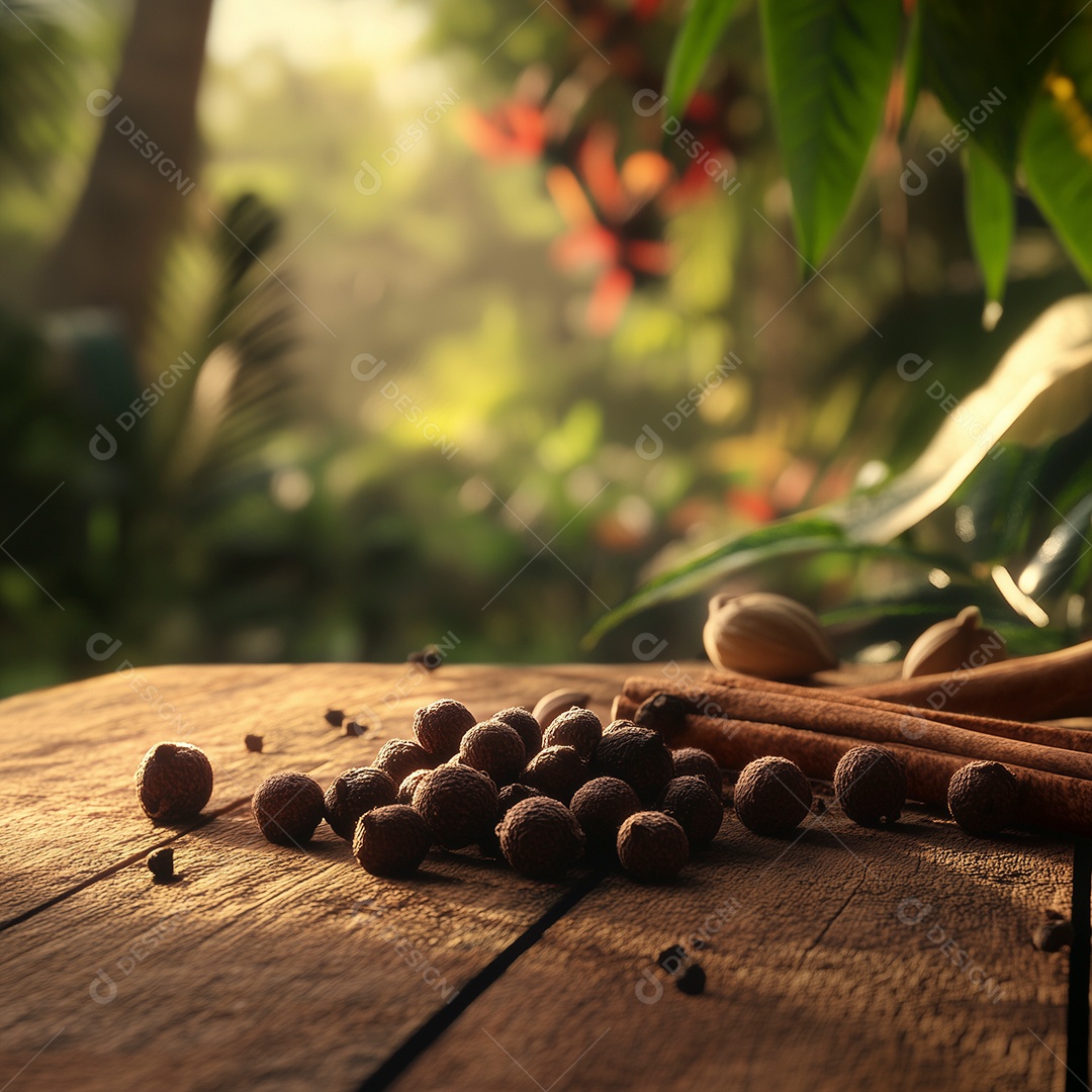 Grãos frescos inteiros pimenta da Jamaica especiarias e temperos naturais para cozinhar sobre madeira fundo desfocado