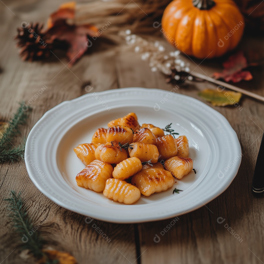 Saboroso nhoque de abóbora com cravinho sobre mesa de madeira