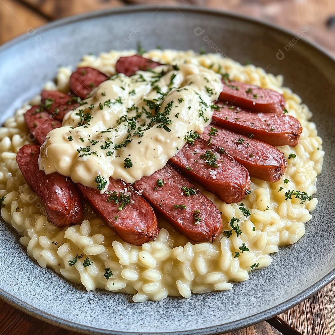 Delícioso arroz com calabresa com queijo coalho sobre prato cinza metálico