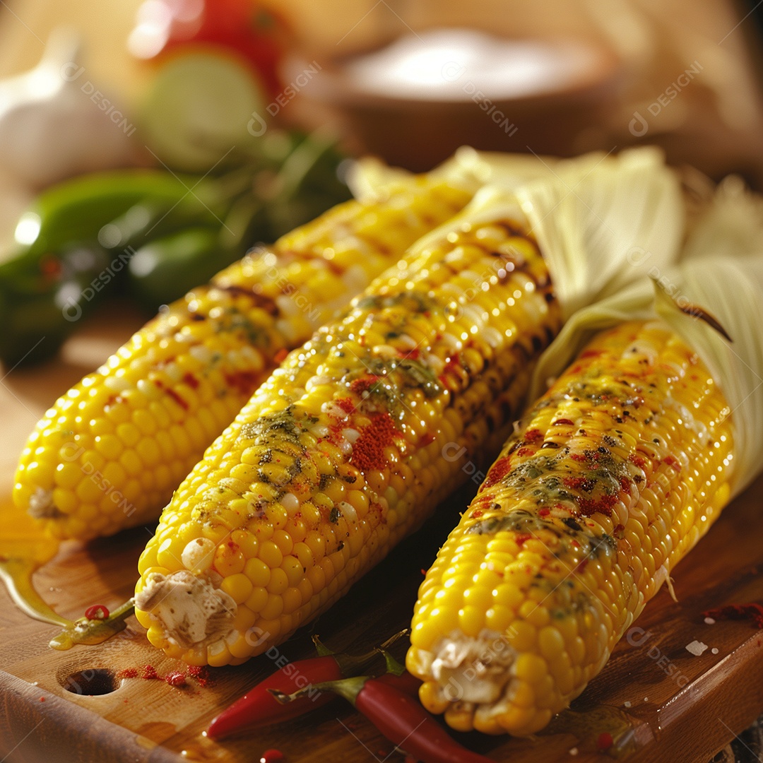 Delíciosos milhos verde temperados com pimenta coloral e páprica sobre mesa de madeira