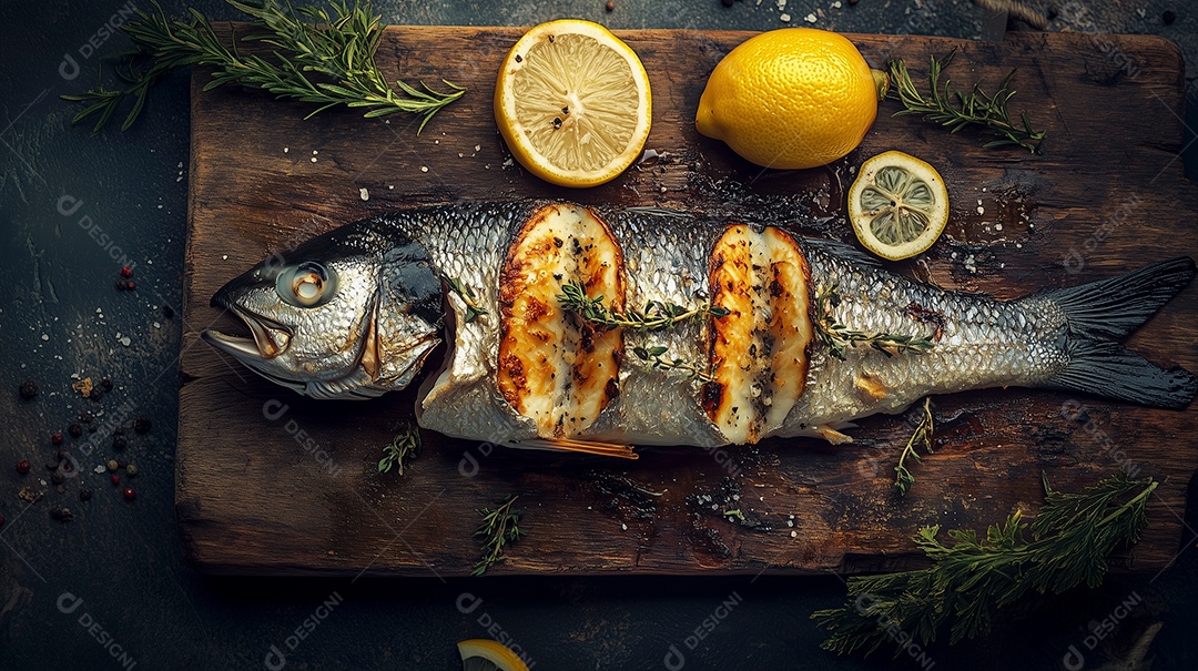 Delícioso peixe grelhado com rodelas de limão sobre tábua de madeira