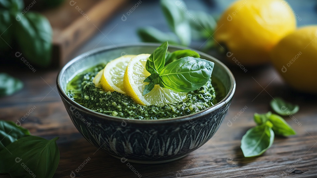 Linda tijela rechiada de molho verde com rodelas de limão sobre tábua de madeira