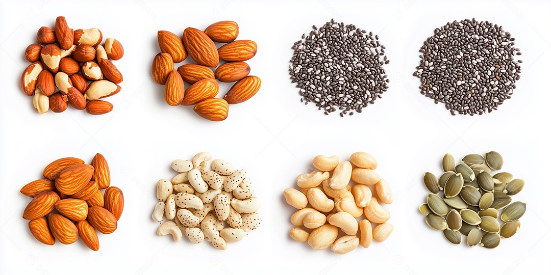 Nozes e sementes naturais produtos orgânicos saudáveis sobre fundo branco isolado
