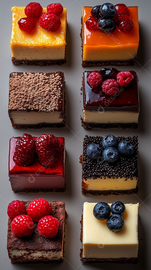 Lindas sobremesas de pudim de diversos sabores sobre fundo isolado