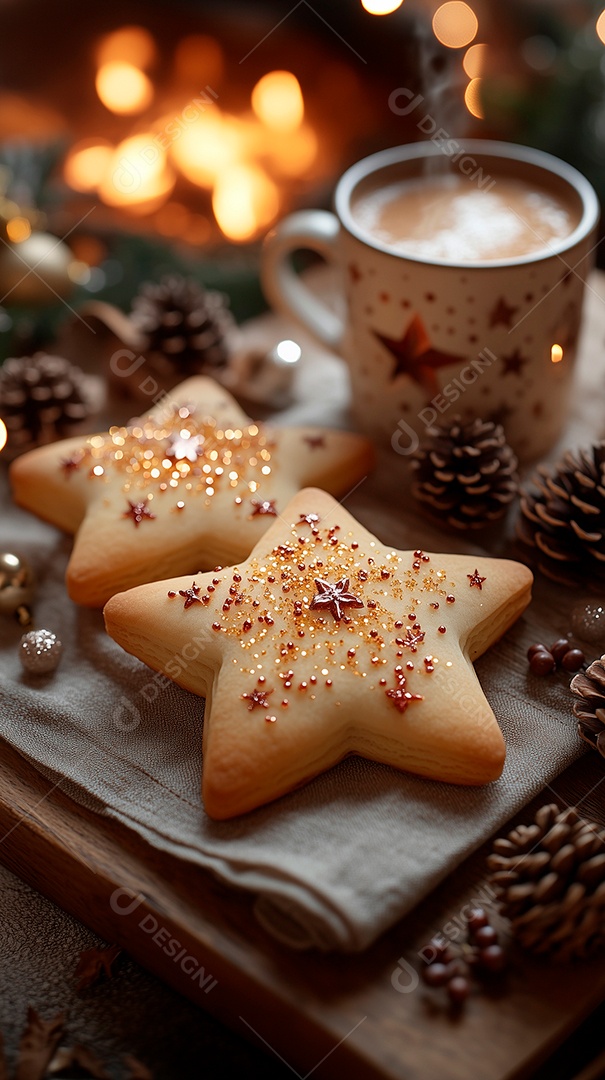 Lindos biscoitos de açúcar formato de estrelas e uma caneca de café ao lado de frutos de pinheiro sobre fundo desfocado