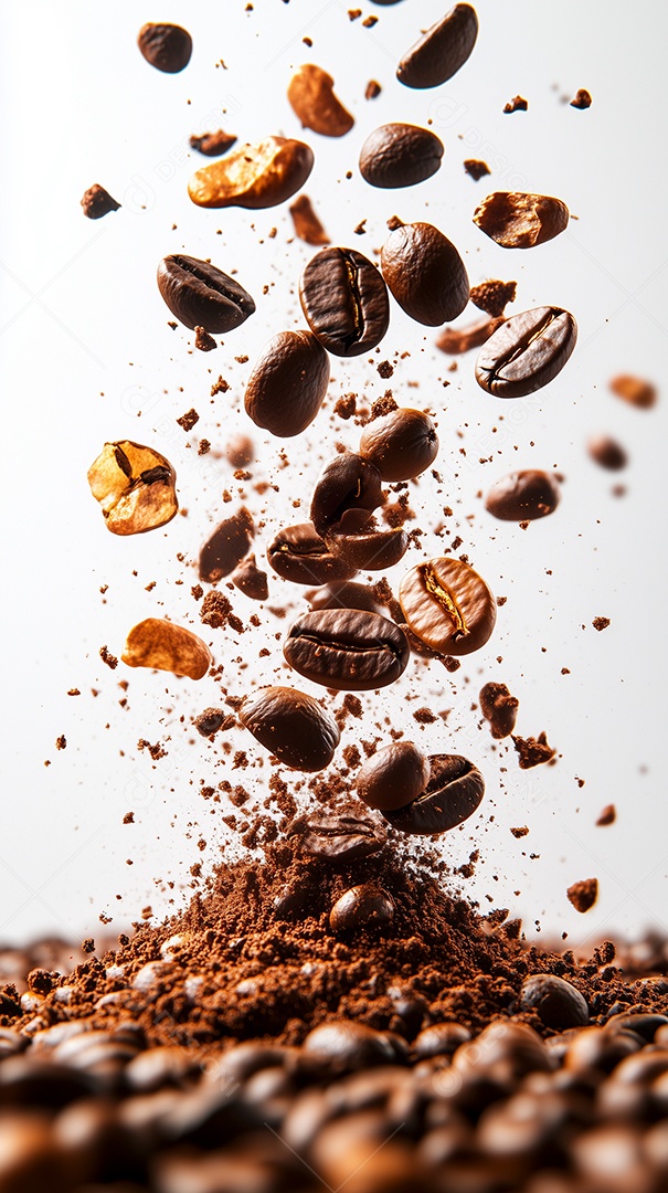 Grande pilha de grãos de café caindo sobre fundo branco isolado