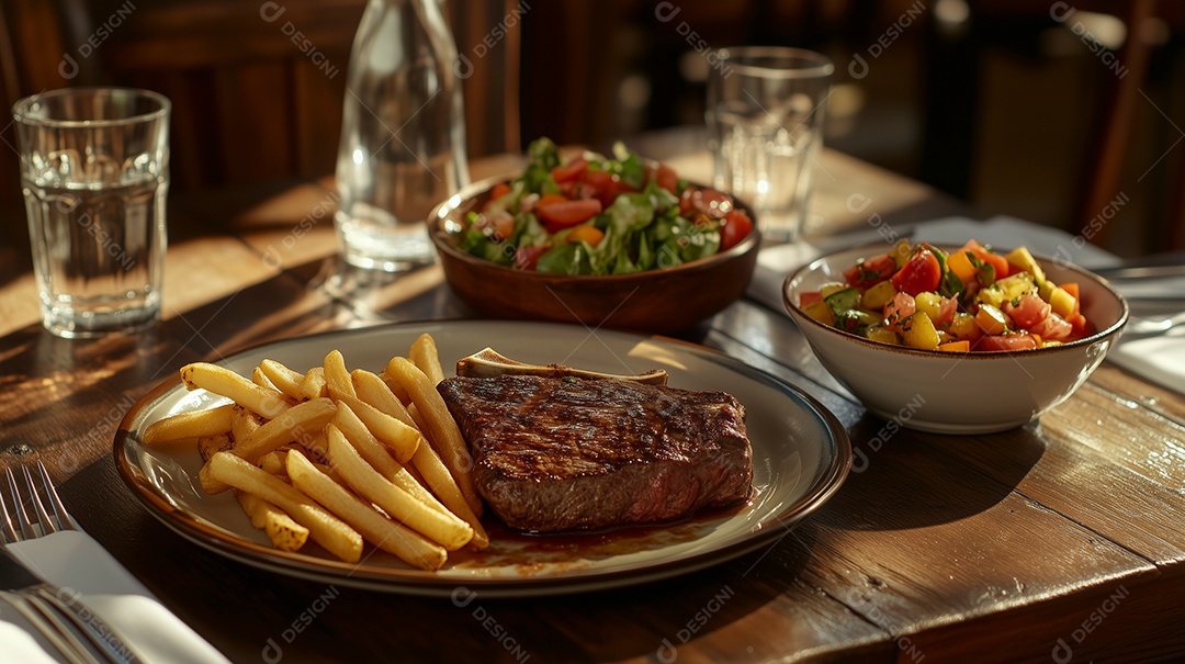 Linda mesa de restaurante com filé de carne com batata frita com saladas de acompanhamento sobre  tábua de madeira