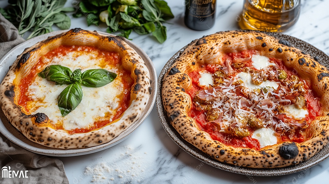 Lindas pizzas quatro queijo e calabresa sobre mesa de pedra natural