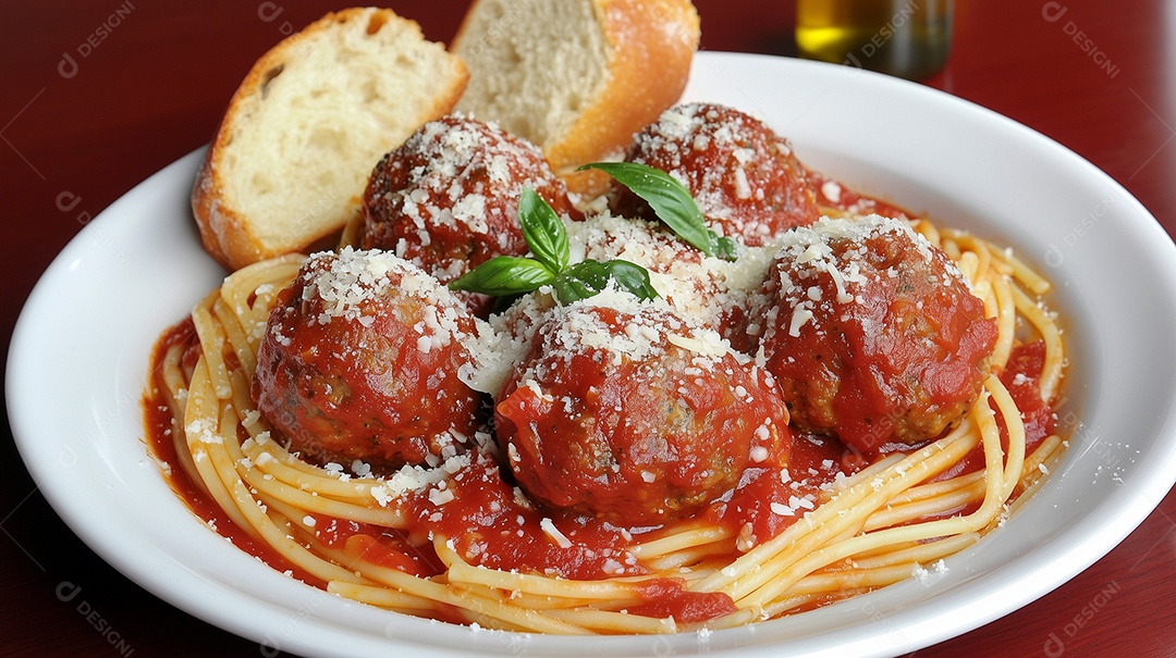 Saboroso esparguete com almondegas e torradas sobre prato branco