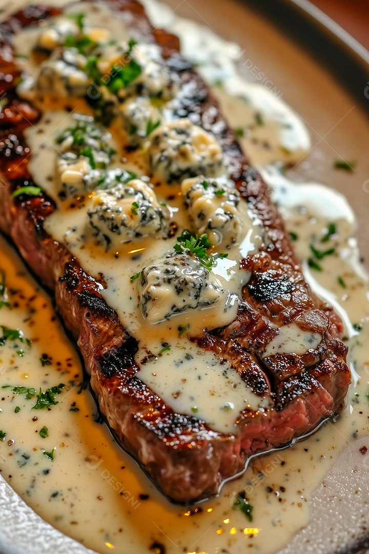 Delícioso filé de carne ao molho com salsinha sobre frigideira