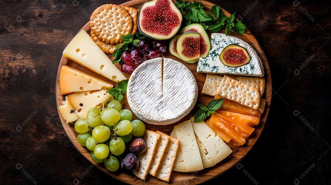 Linda tábua de frios com variedades de frutas e lacteos sobre mesa de madeira isolada