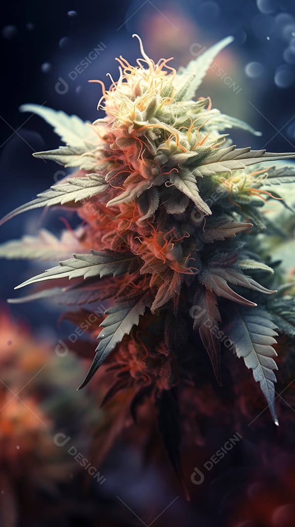 Linda planta de cannabis com muitos tricomas coloridos sobre fundo desfocado