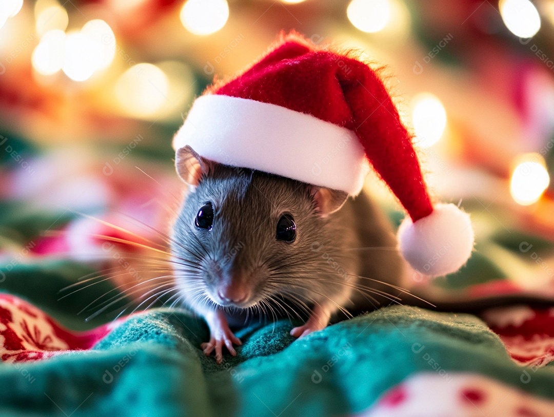 Lindo ratinho com touca do papai noel sobre fundo brilhante isolado