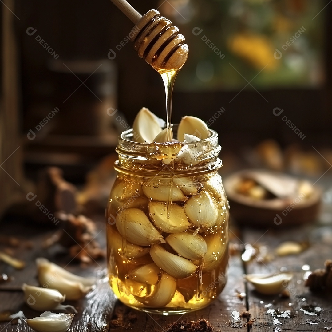 Mel fermentado com alho em pote de vidro sobre mesa de madeira