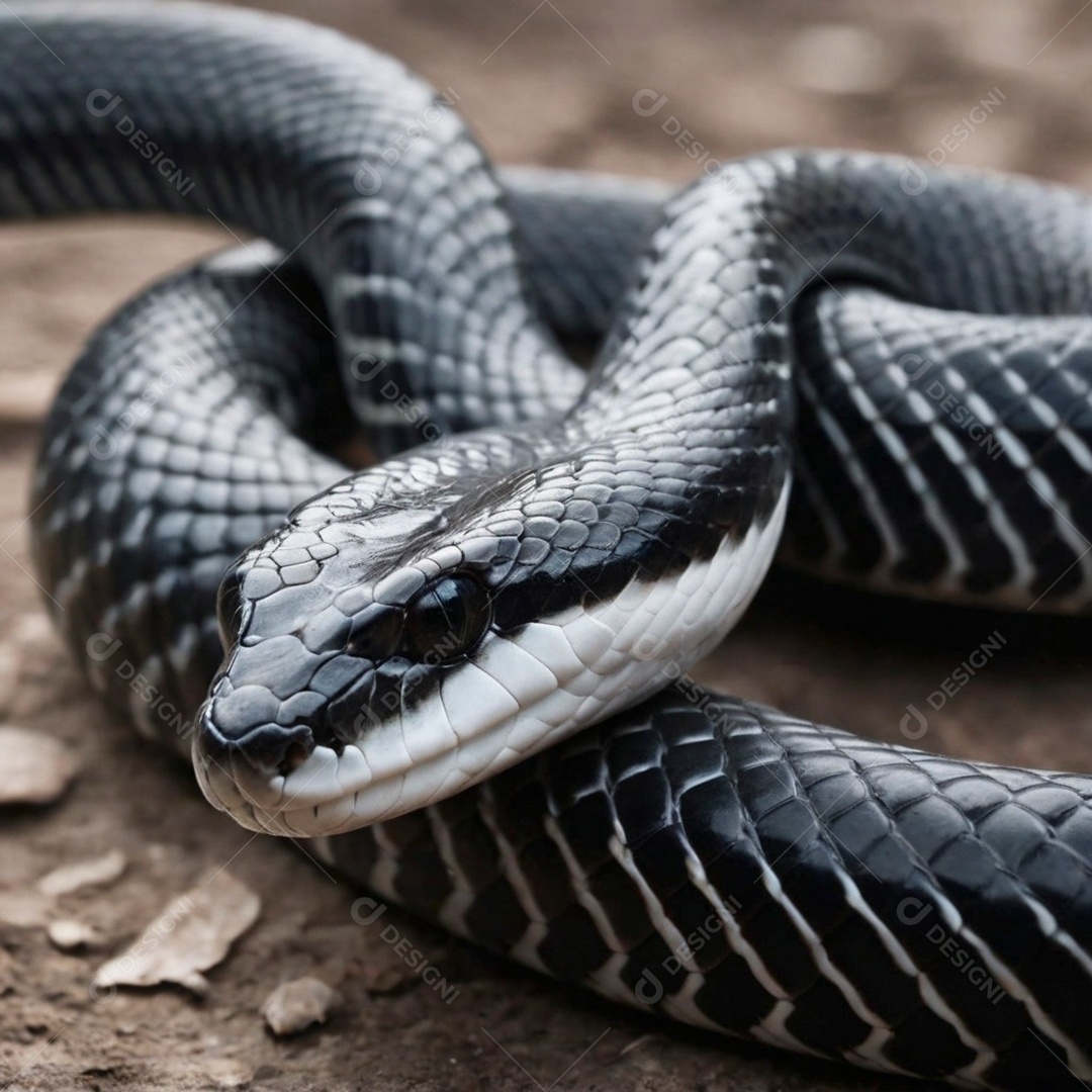 Linda cobra com coloração perfeita branca e preta sobre fundo desfocado