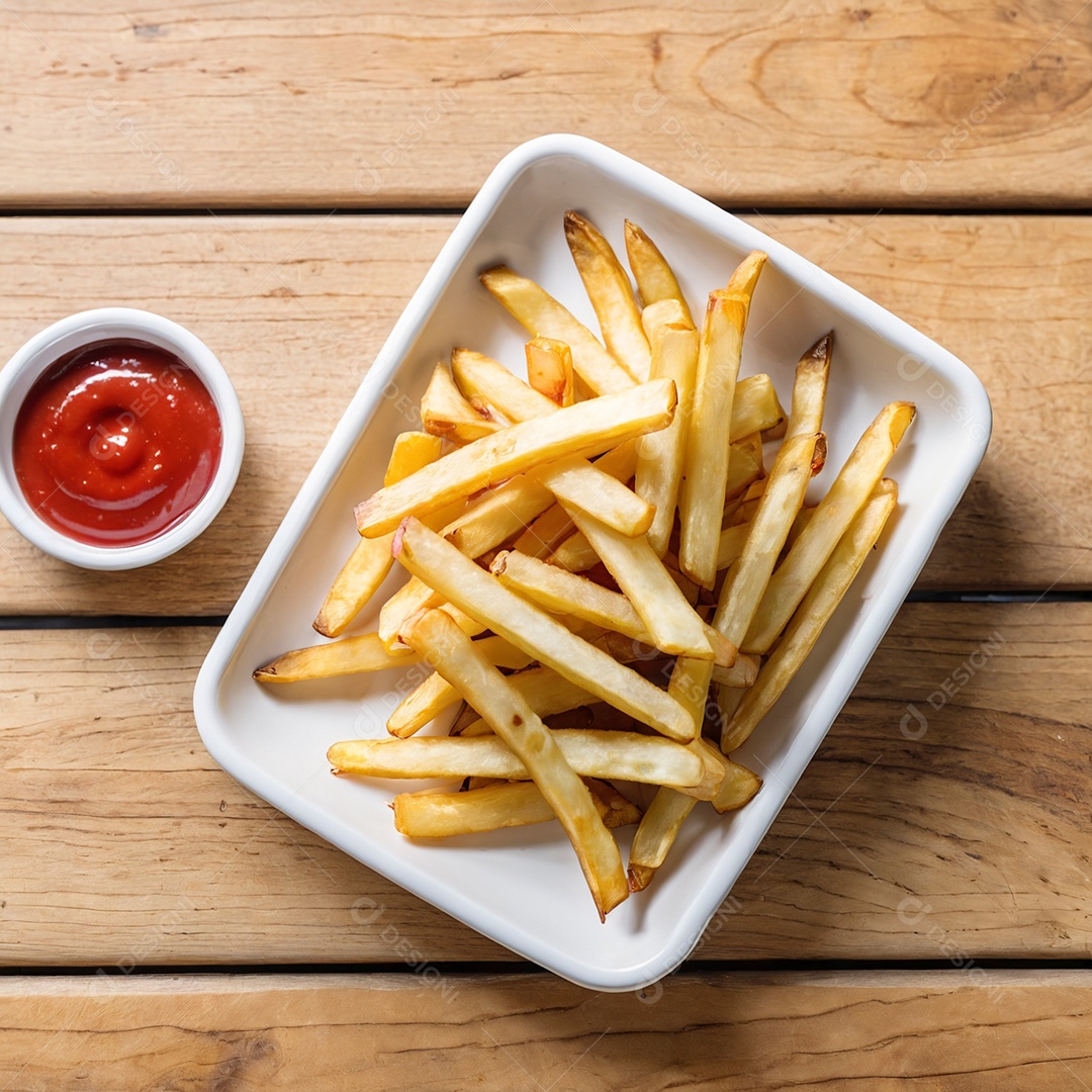 Visão ampla batata frita ao lado de ketchup sobre mesa de madeira