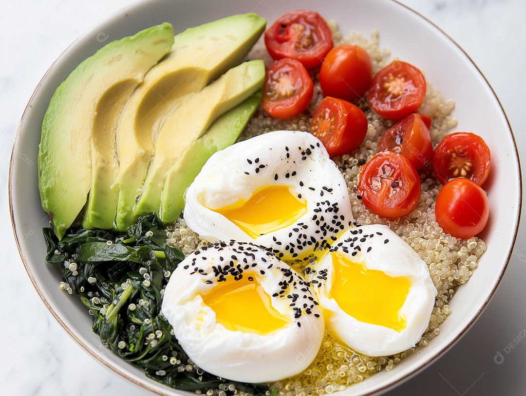 café da manhã saudável quinoa com ovo escalfado abacate tomate salada