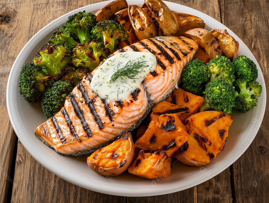 Bifé de salmão frito com batatas e legumes sobre mesa de madeira