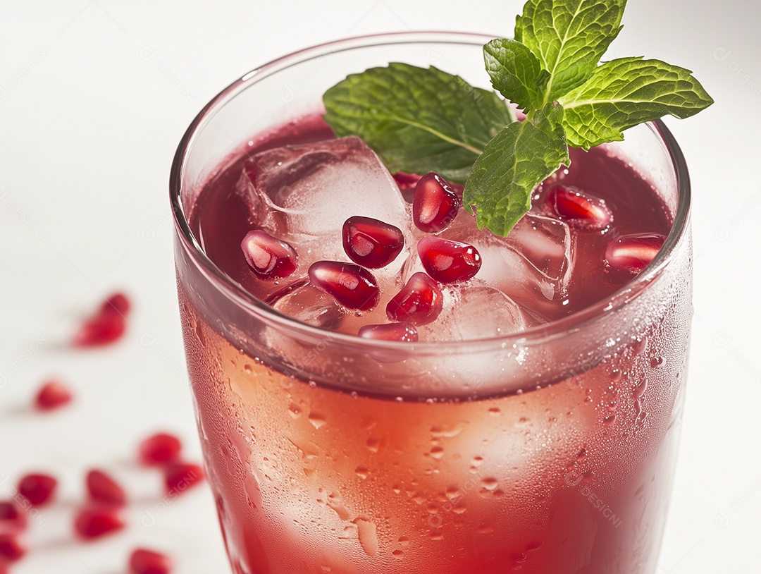 Copo de suco de romã com gelo e frutas frescas de romã ao redor da bebida sobre fundo branco isolado